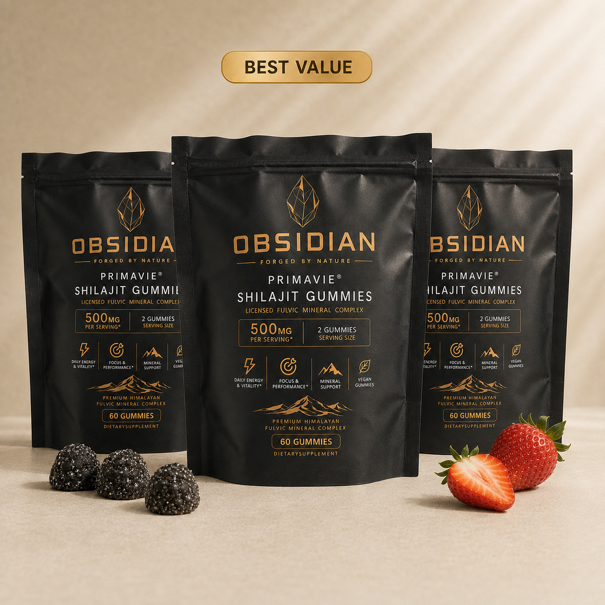 Obsidian PrimaVie® Shilajit Gummies — 3 Pack Bundle